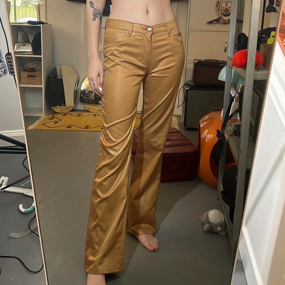 Insane vintage 90s liquid gold shiny “Bubblegum” brand flare pants!